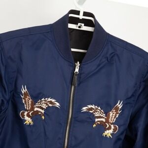 HUF Reversible Bomber Jacket Mens M Black Navy Blue Eagle Embroidery Streetwear